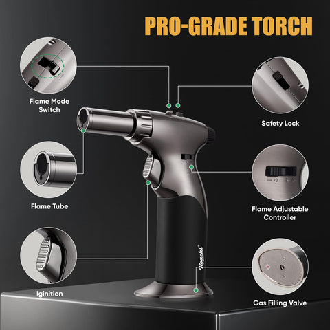 Koackl torch compatible with standard butane tanks for easy refills.