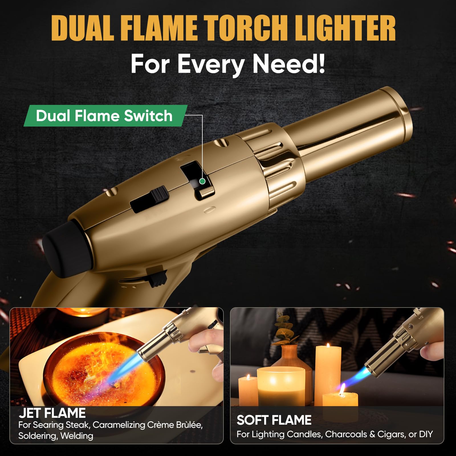 Koackl Dual Flame Torch in soft and jet modes for versatile cooking.