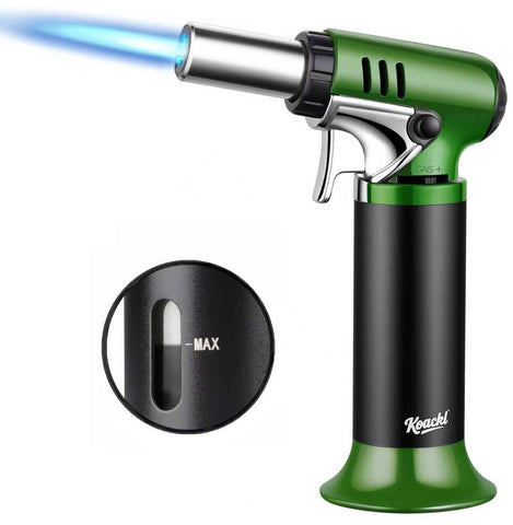 Koackl refillable butane torch with fuel gauge aids precise fuel monitoring during use
