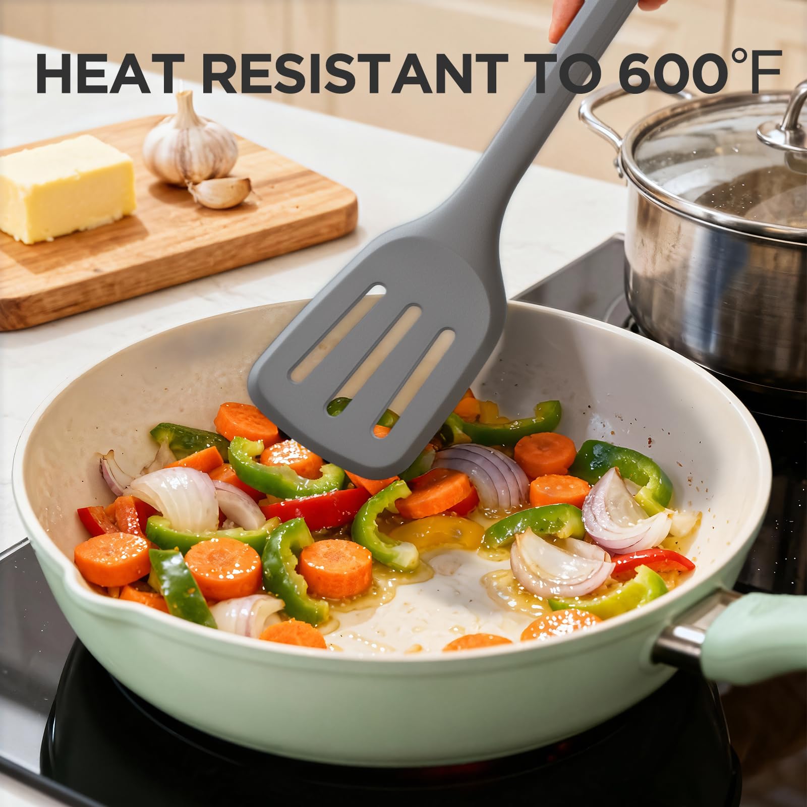 KOBACH spatula withstands heat up to 600°F during high-heat cooking
