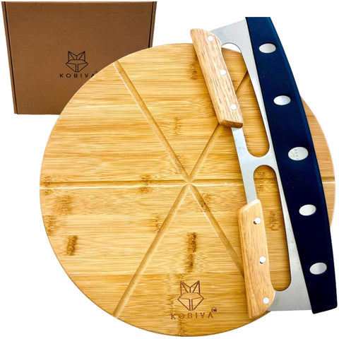 Kobiva grooved bamboo pizza board for even slicing and serving