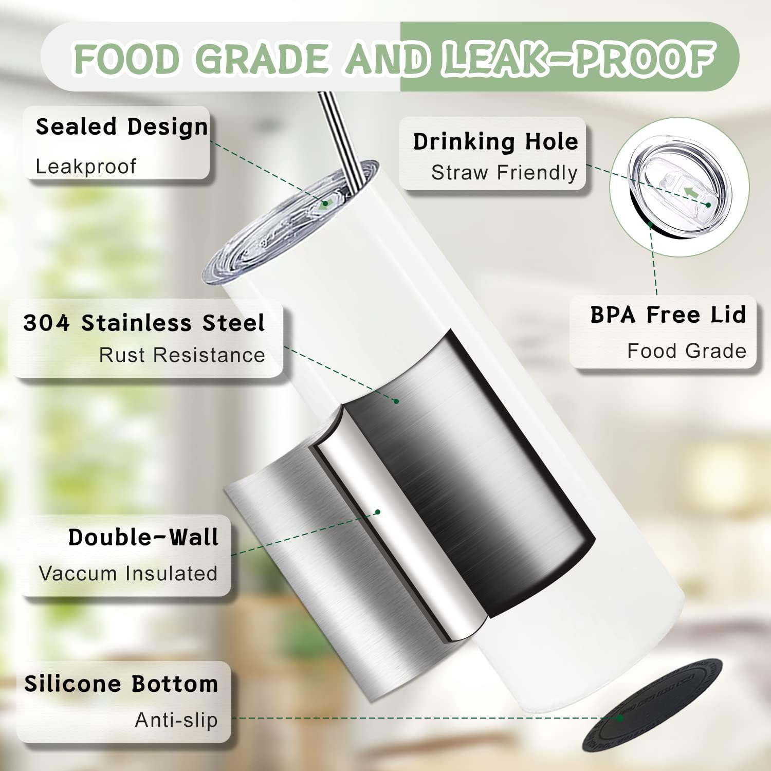 Kocdam 20oz tumbler with lid and straw set for spill-free use