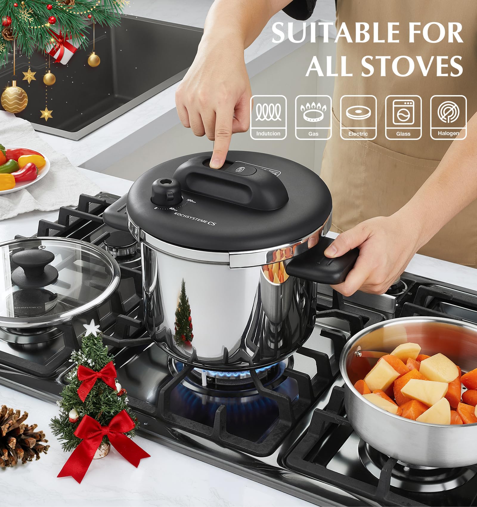 KOCH SYSTEME CS 3-in-1: pressure cook, steam, simmer with rack and lid.