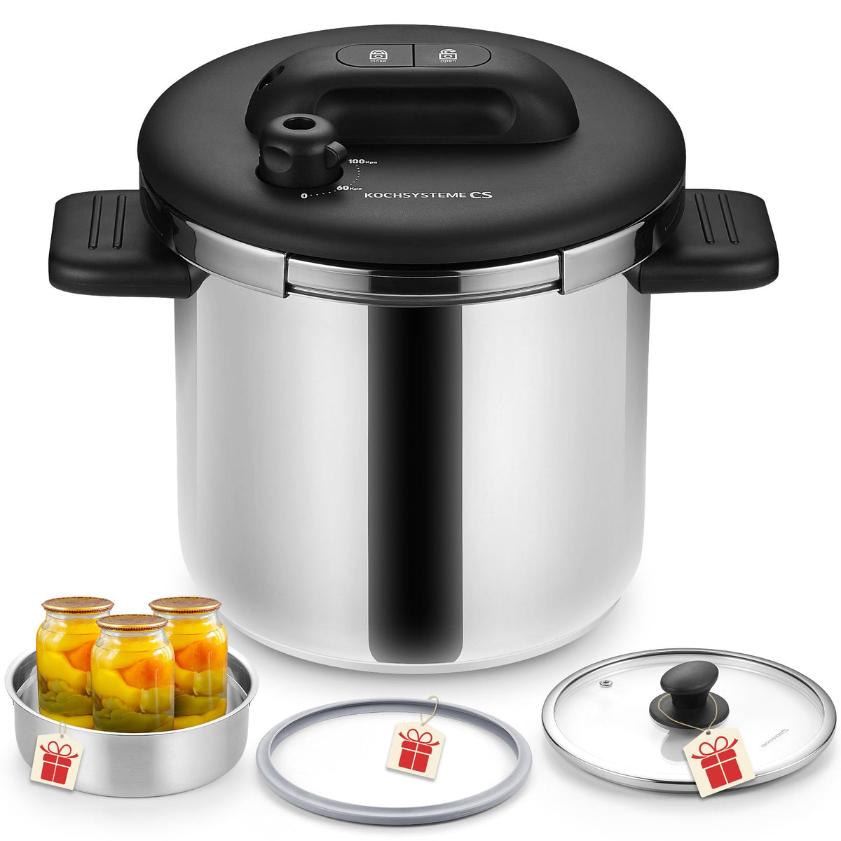KOCH SYSTEME CS pressure cooker lid with one-press lock for effortless operation.