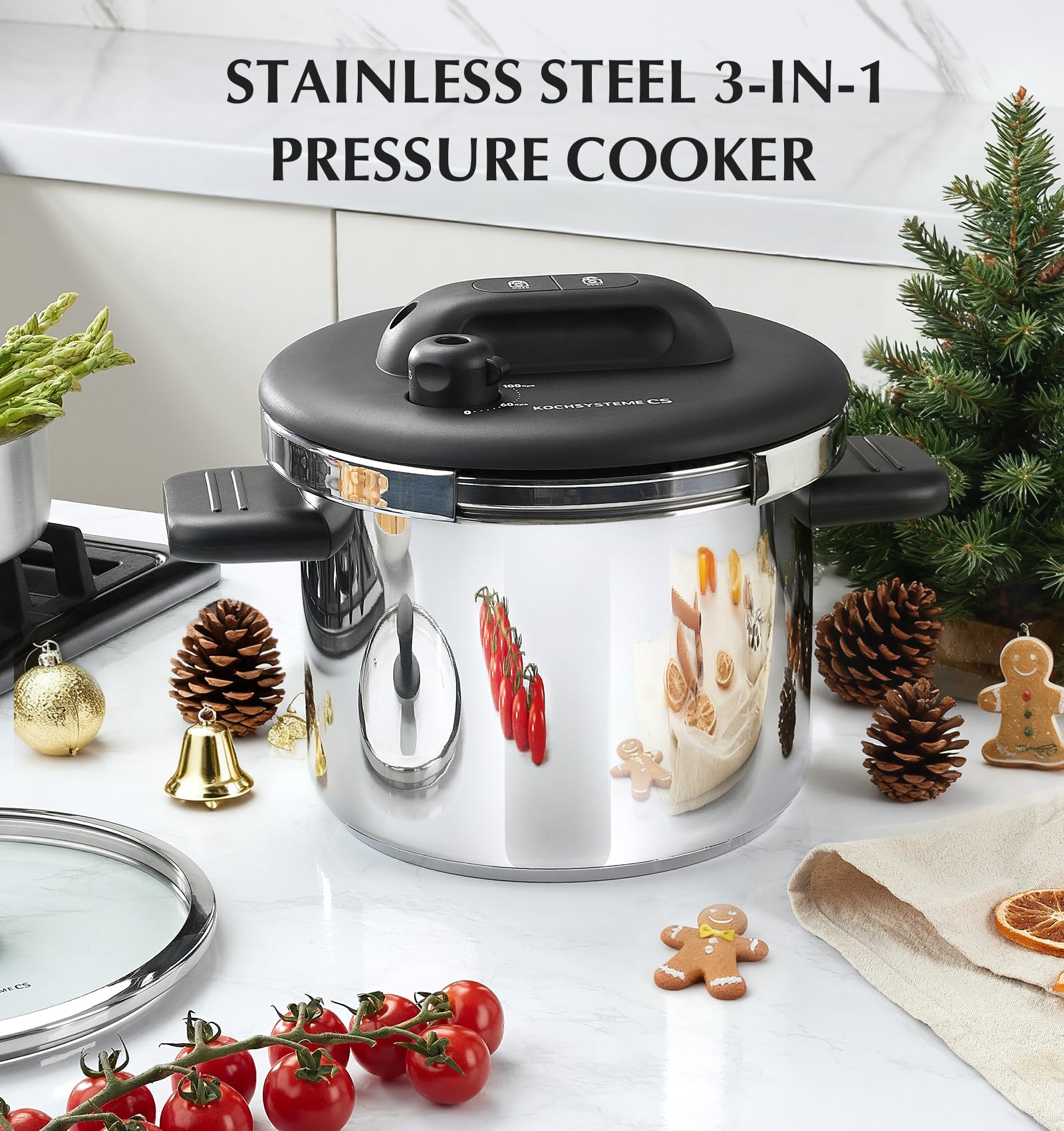 KOCH SYSTEME CS glass lid and steamer enable easy monitoring and steaming.