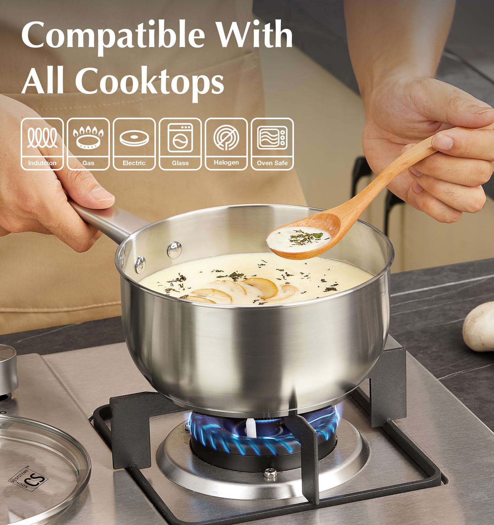KOCH SYSTEME CS 3qt induction-ready saucepan on a modern cooktop, versatile.