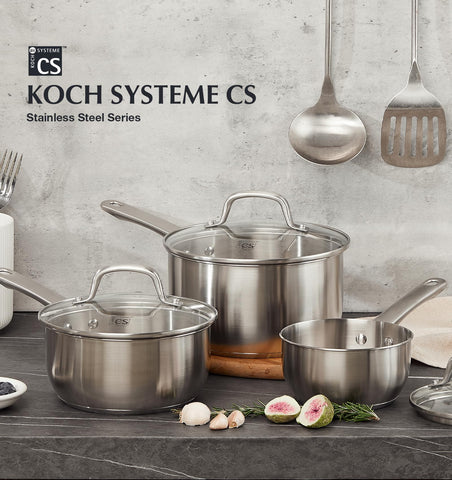 KOCH SYSTEME CS set of 3 saucepans in kitchen ready for everyday cooking.