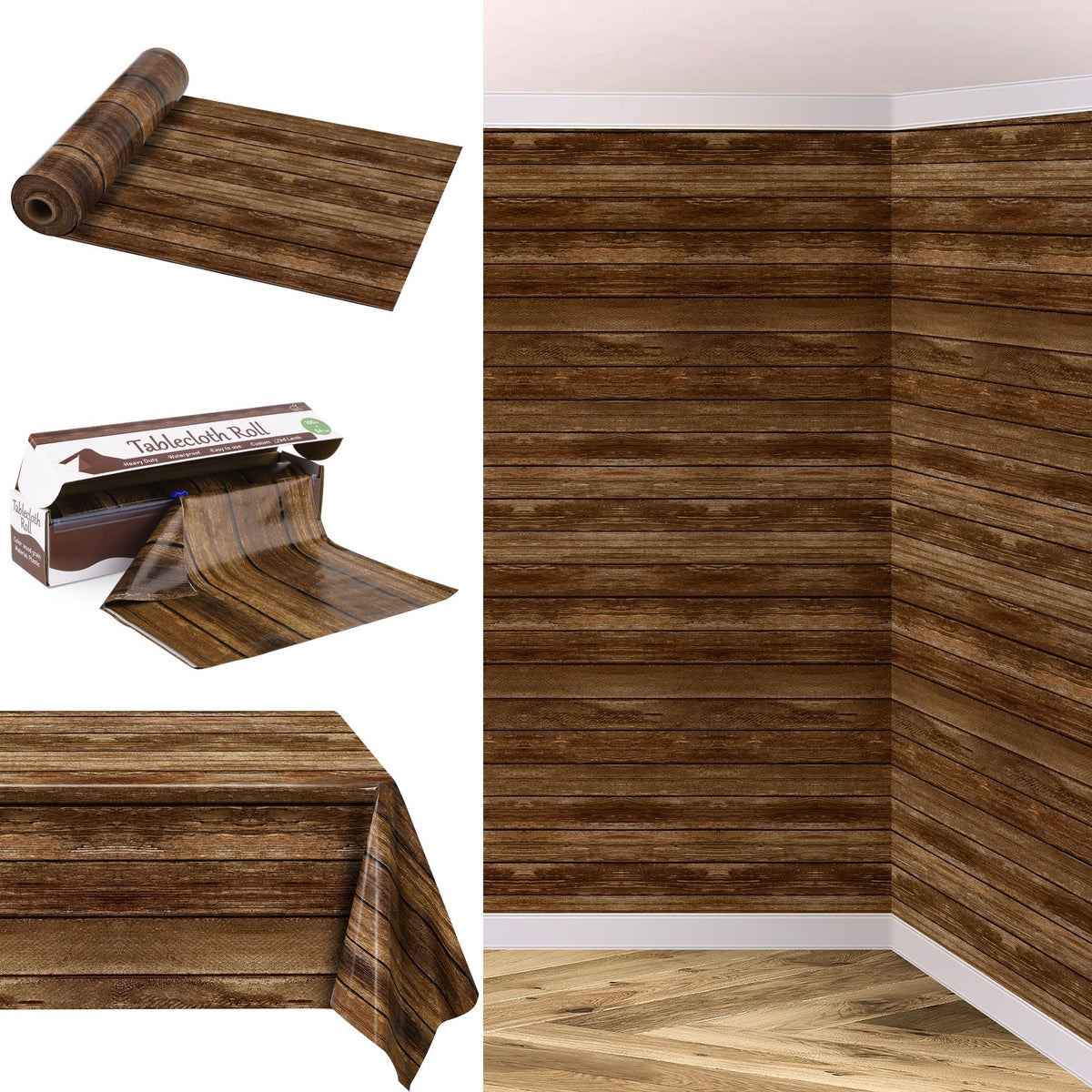 Kochorie wood grain tablecloth roll shows natural texture for vintage settings