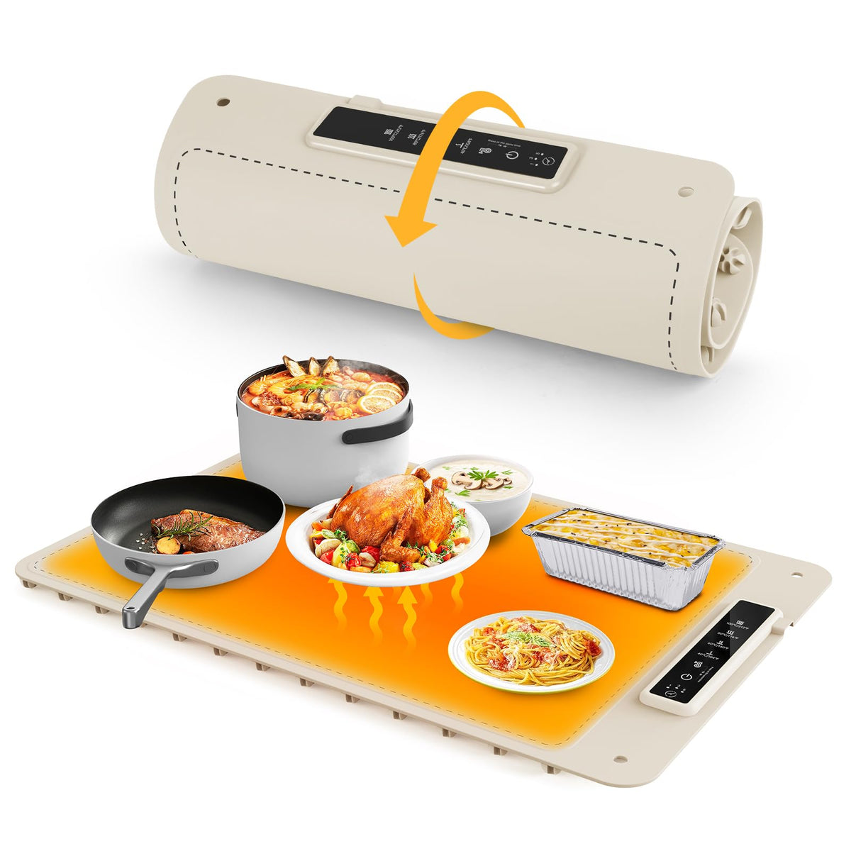 KOCWELL rollable food warming mat in beige keeps dishes warm at gatherings.