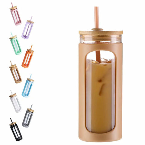 Kodrine 20oz glass tumbler with bamboo lid in amber, leak-resistant for on-the-go use