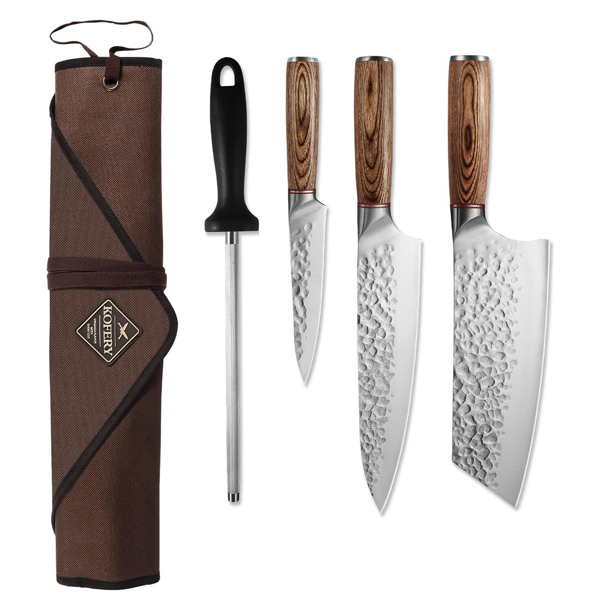 KOFERY 5-piece knife set with roll bag for portable cooking.