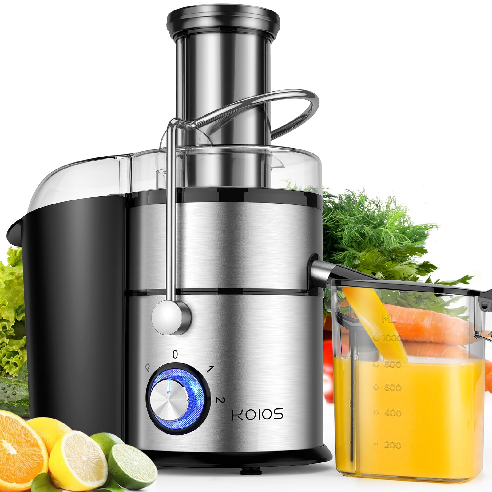 KOIOS centrifugal juicer with extralarge feed chute for quick whole-fruit juicing.