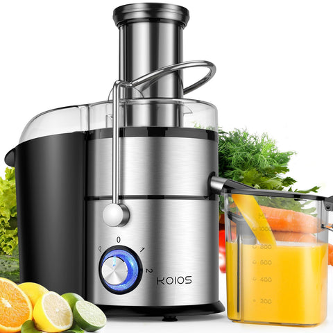 KOIOS centrifugal juicer with extralarge feed chute for quick whole-fruit juicing.