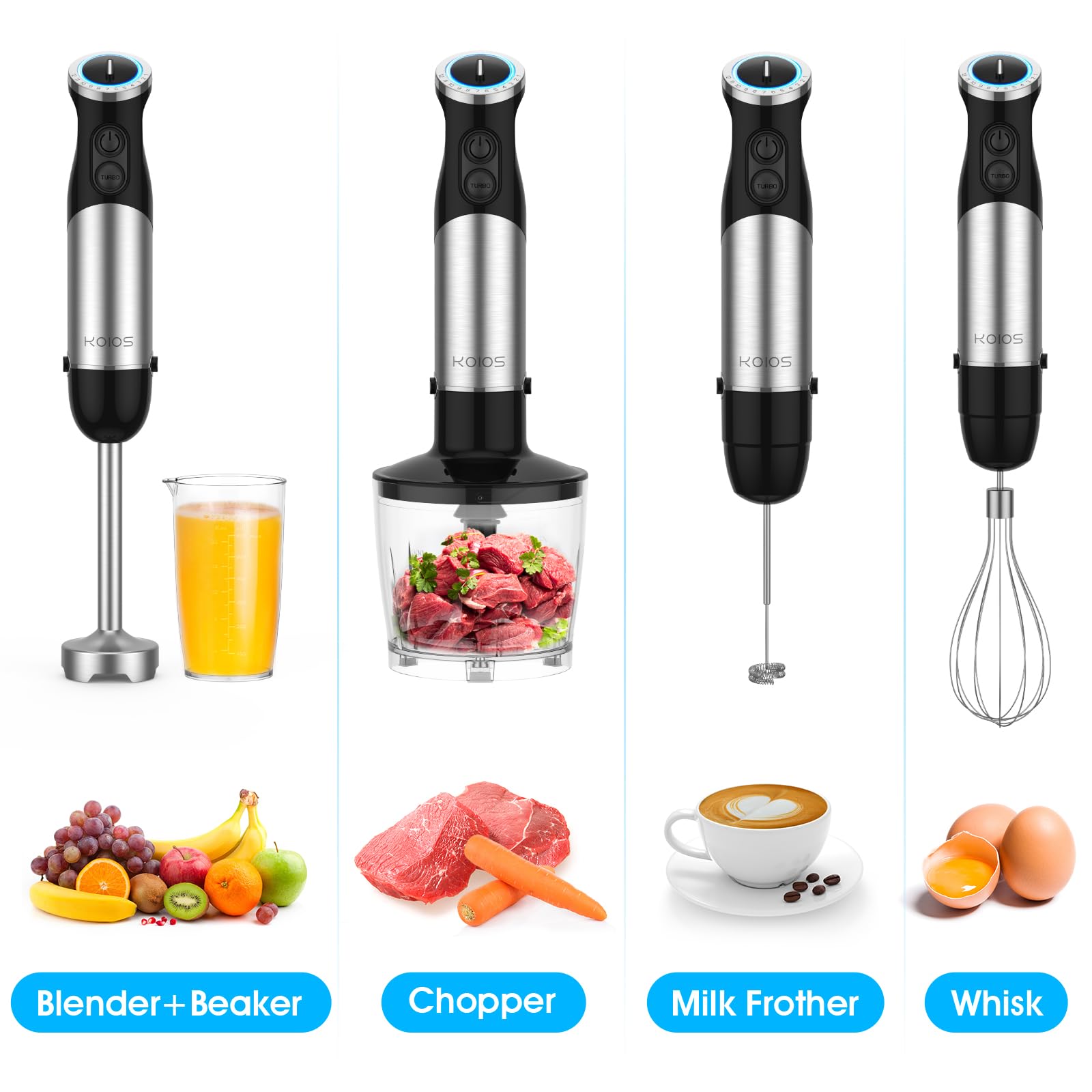 KOIOS 5-in-1 attachments laid out for versatile blending tasks.