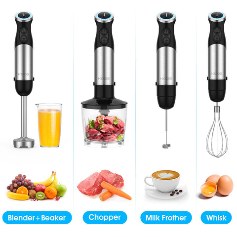 KOIOS 5-in-1 attachments laid out for versatile blending tasks.