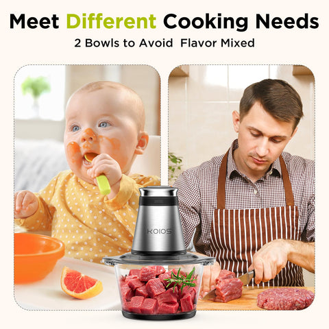 KOIOS bi‑level blades deliver thorough mincing and blending.