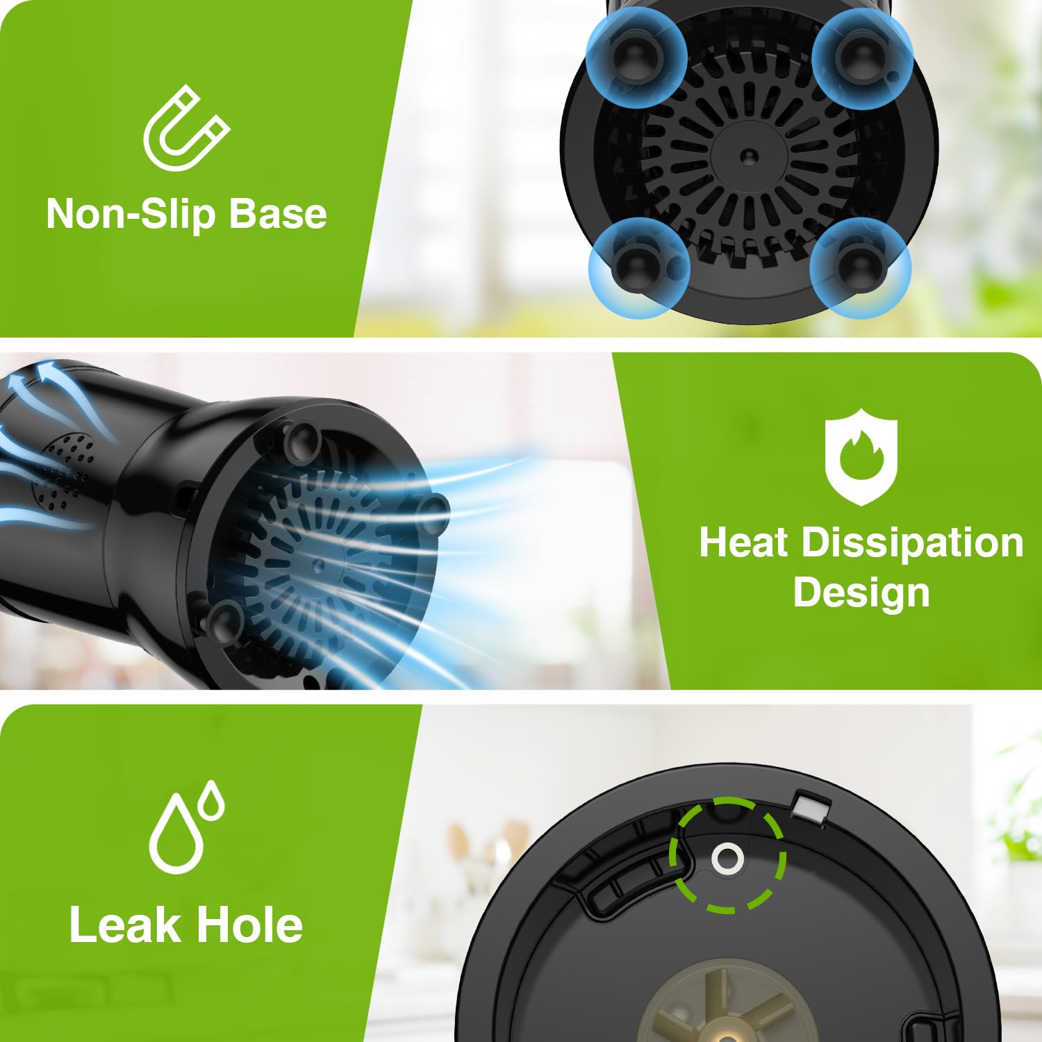 KOIOS anti-slip pads keep the blender stable on countertops.