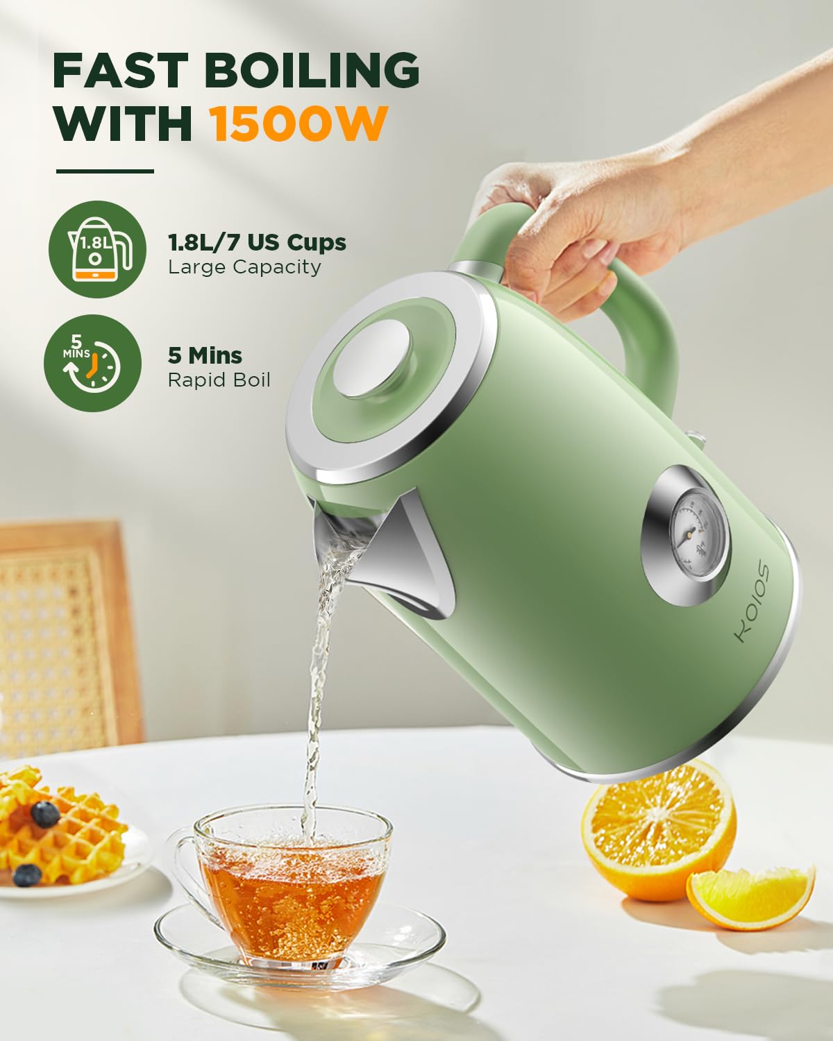 KOIOS drip-free spout minimizes spills during pouring