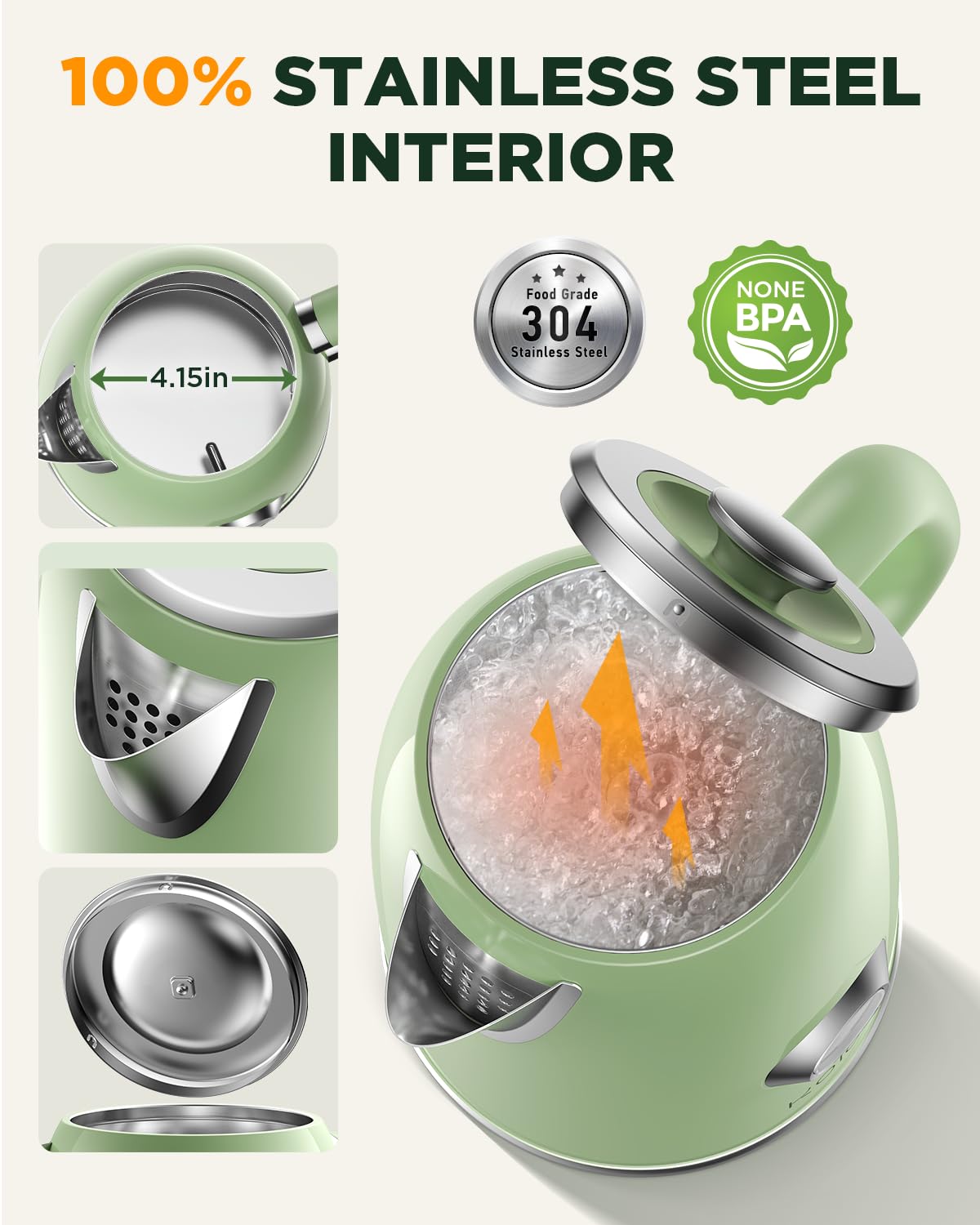 KOIOS electric kettle stainless steel body delivers lasting durability and pure tasting water