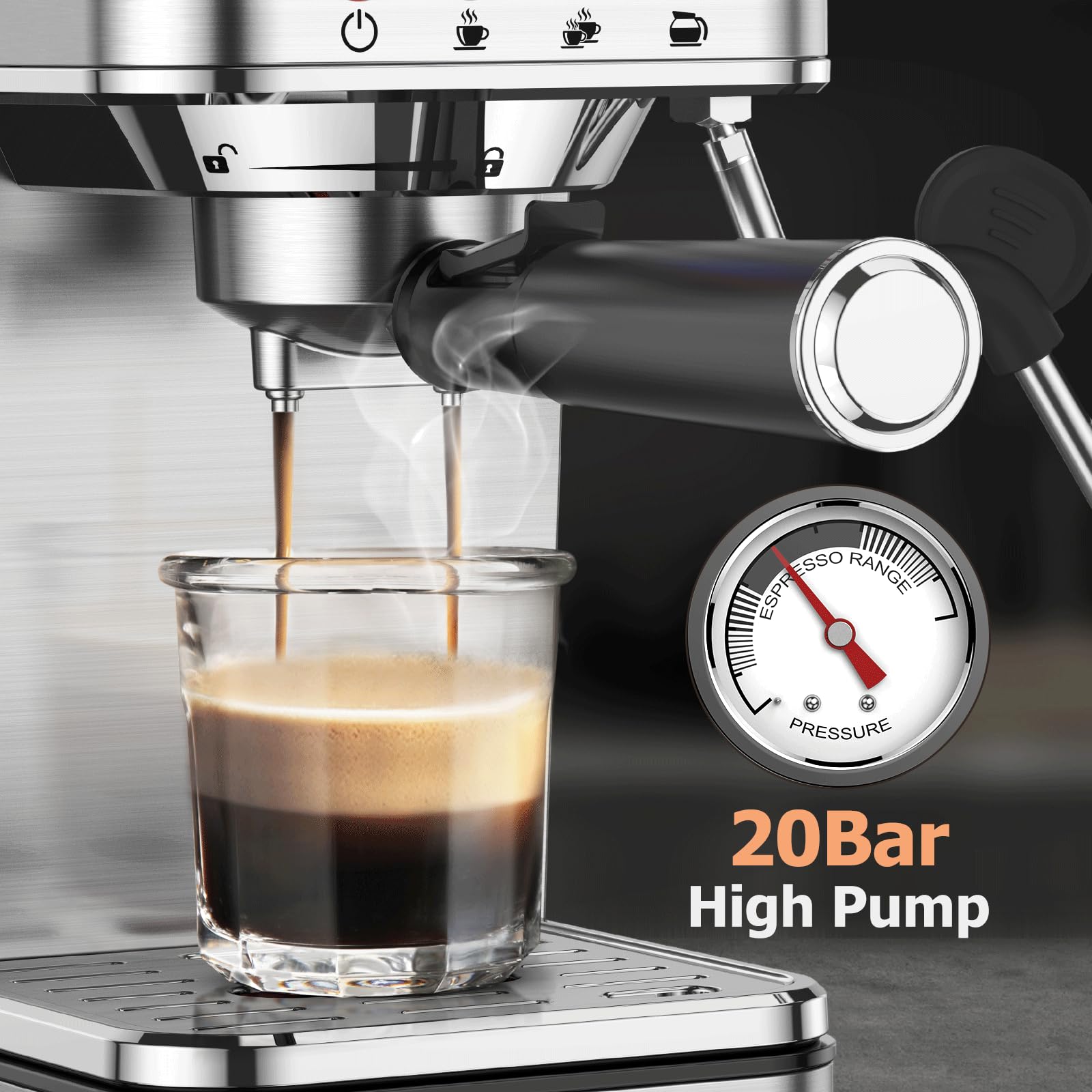 KOIOS espresso machine 20-bar pump delivers rich crema