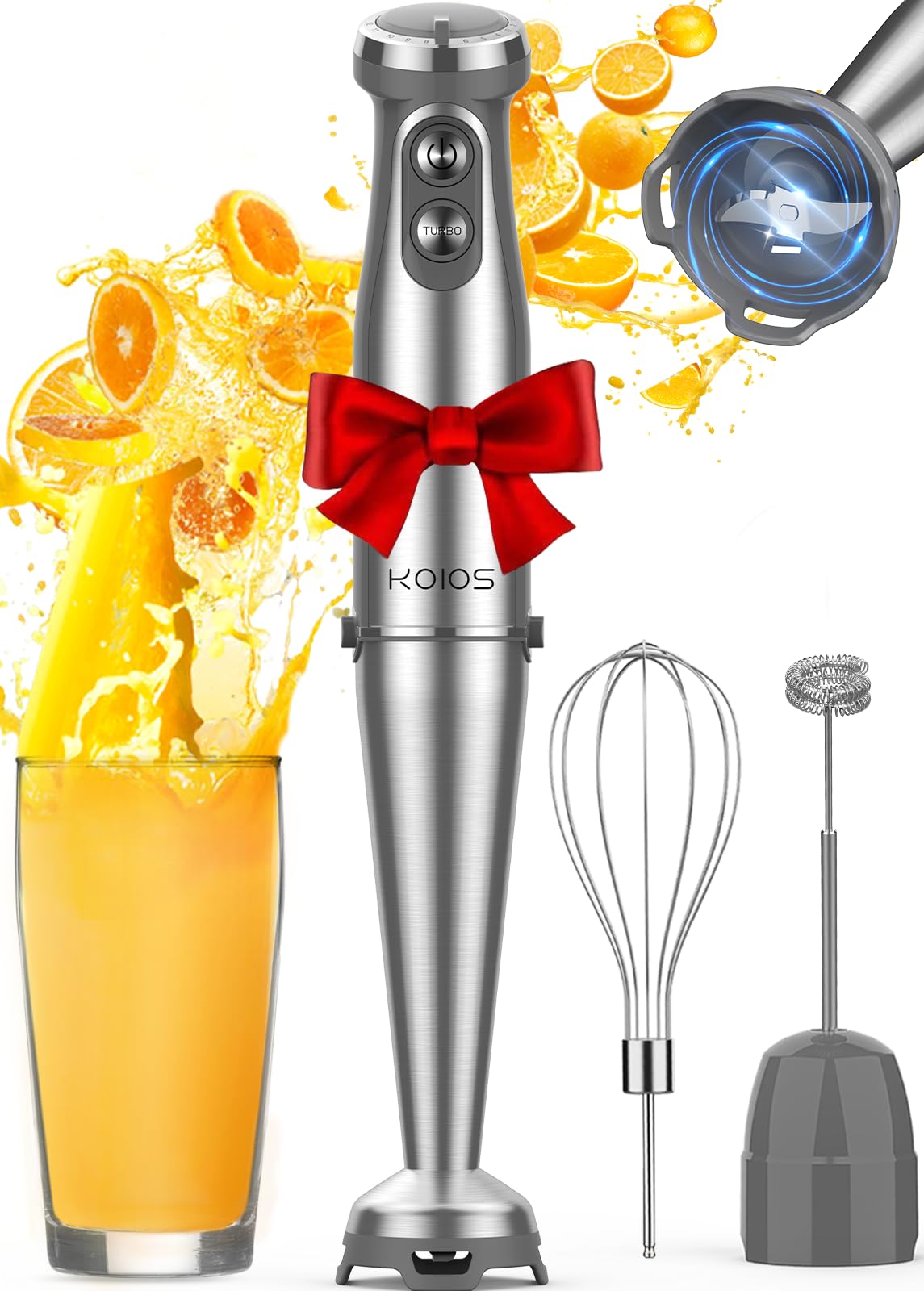 KOIOS immersion blender with 1000W motor powering smooth soups.