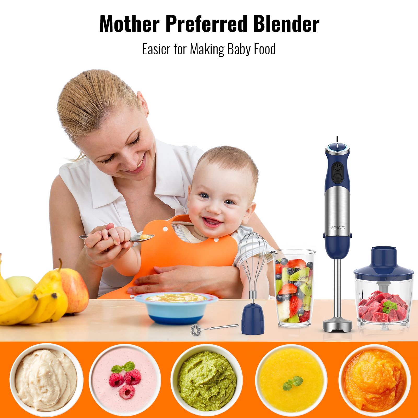 KOIOS immersion blender with 12 speeds enables silky soups and sauces quickly.