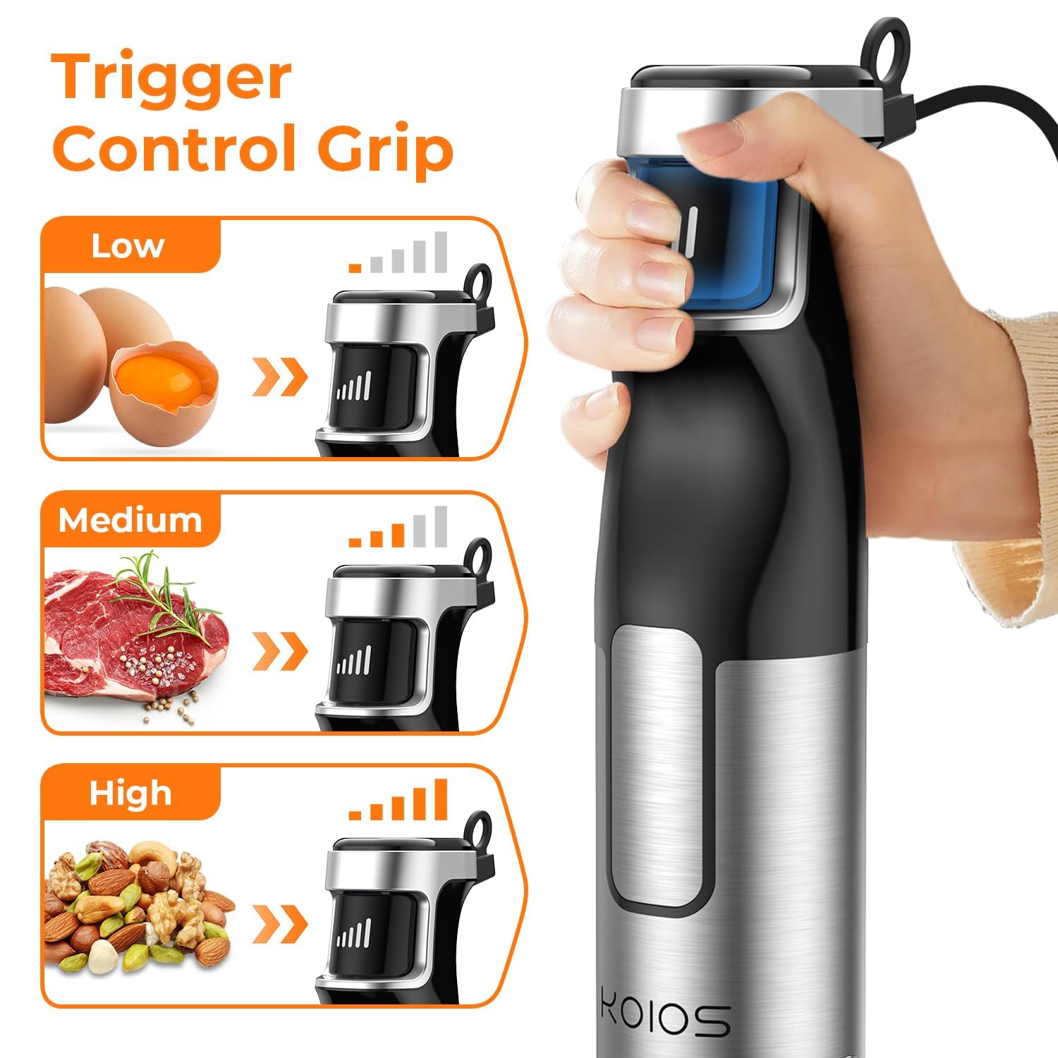 KOIOS immersion blender with 5-in-1 attachments for quick smoothies