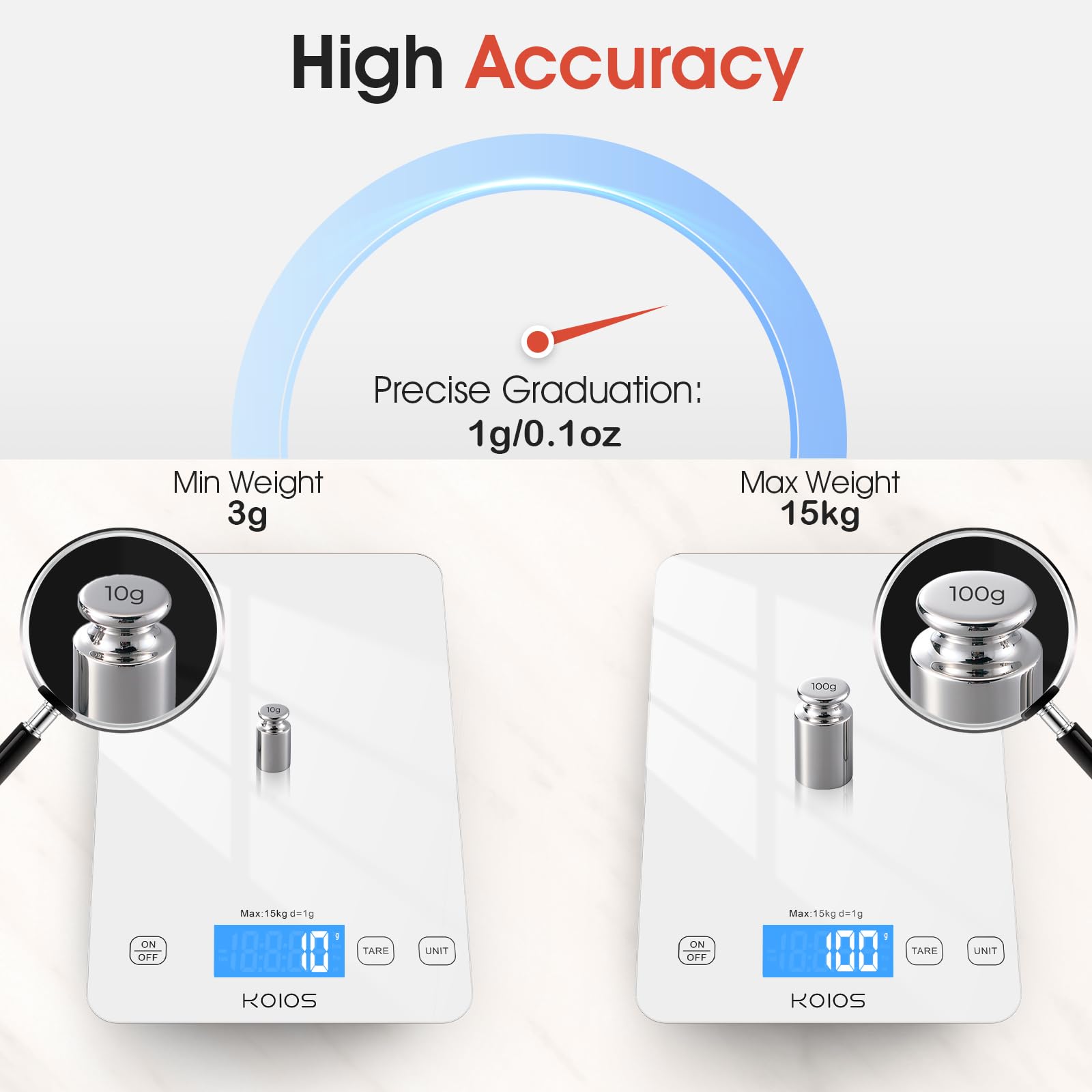 KOIOS kitchen scale display close-up with bright numbers for easy readings
