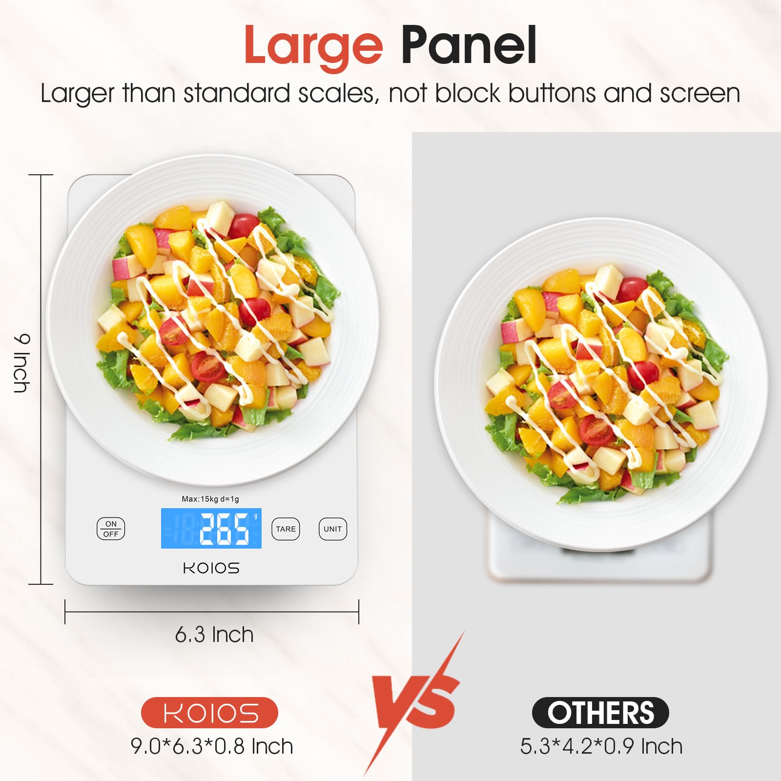 KOIOS kitchen scale tare function shows container weight subtraction for ingredients