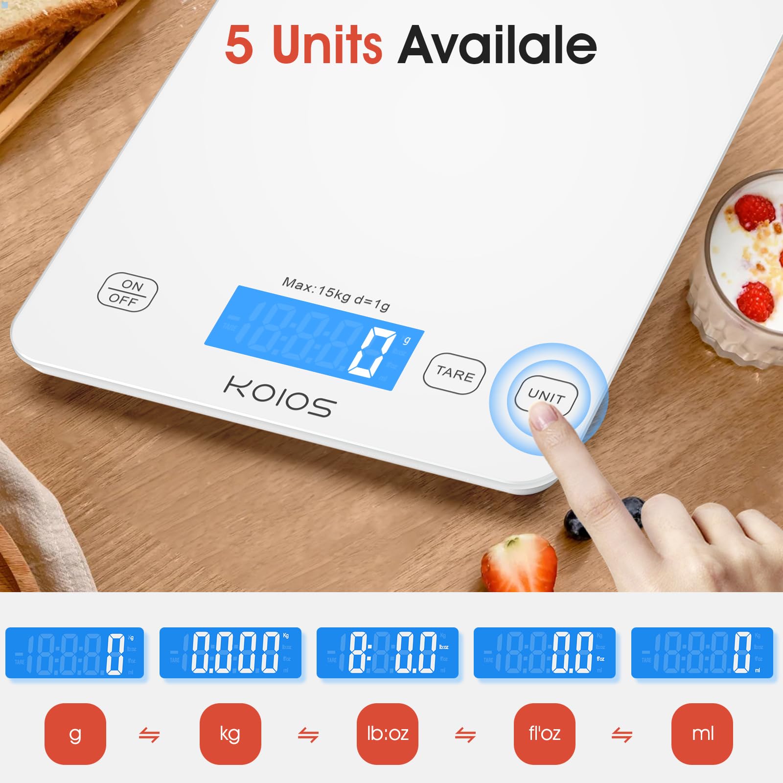 KOIOS kitchen scale Type-C charging with two batteries for flexible power