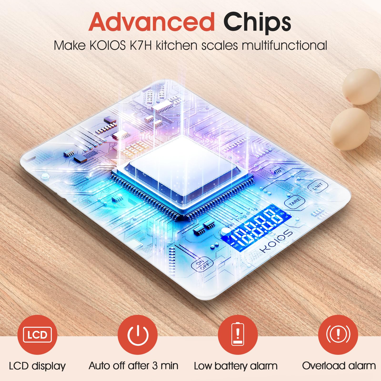 KOIOS kitchen scale waterproof tempered glass resists spills and cleans easily