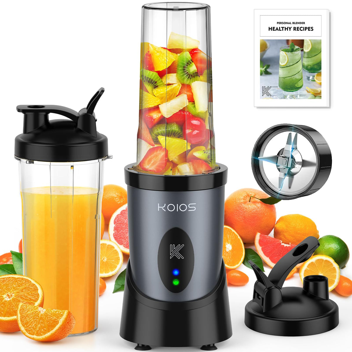 KOIOS Smoothie Blender front view shows compact, powerful 900W performance for quick shakes.
