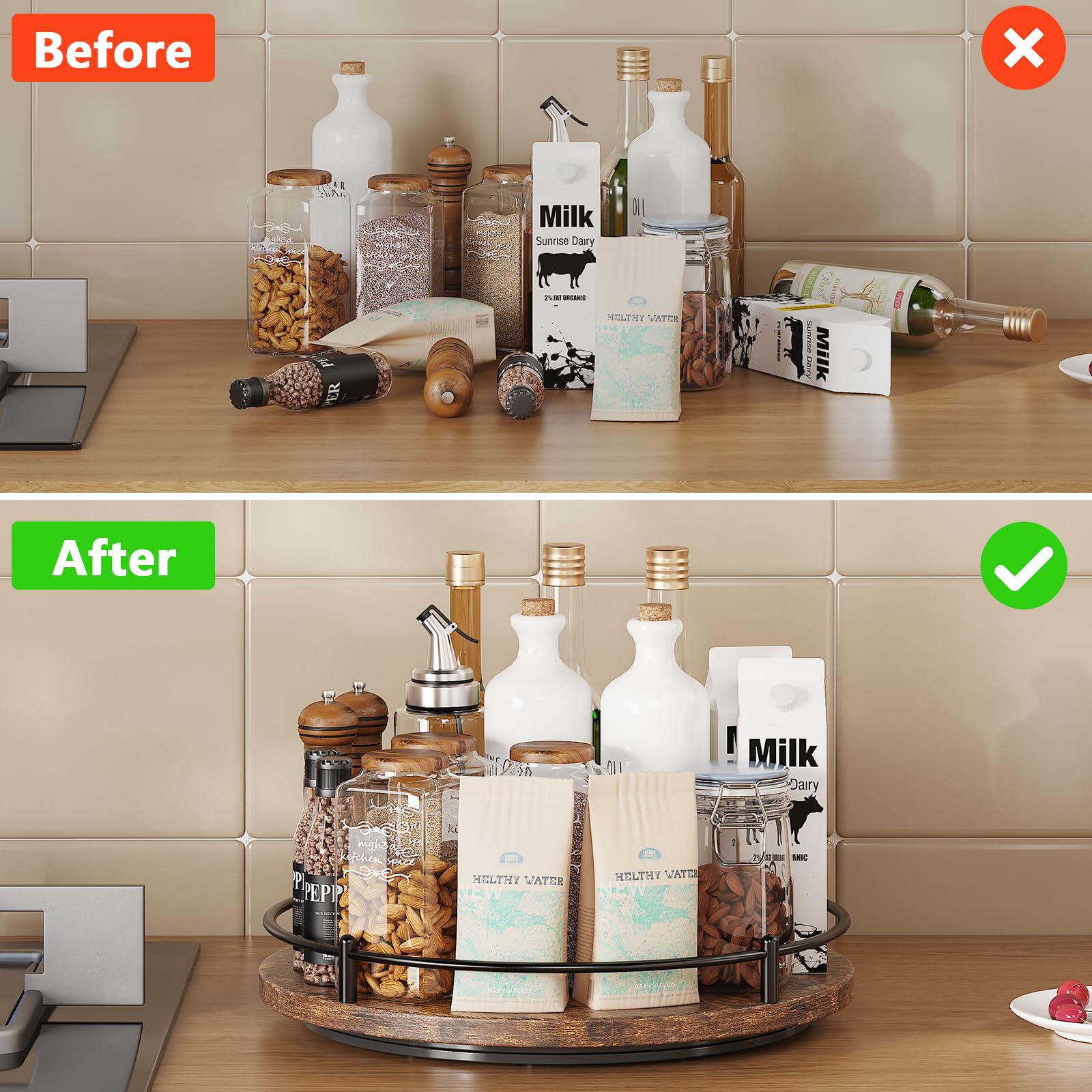KOKSTOP Lazy Susan on dining table adds decorative, functional storage.