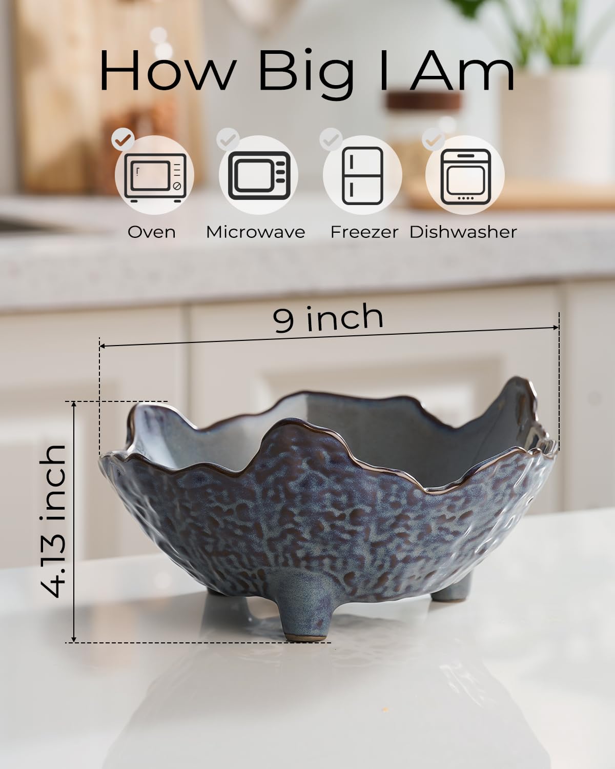 KOKUNKA blue-toned bowl on kitchen counter holds fruits