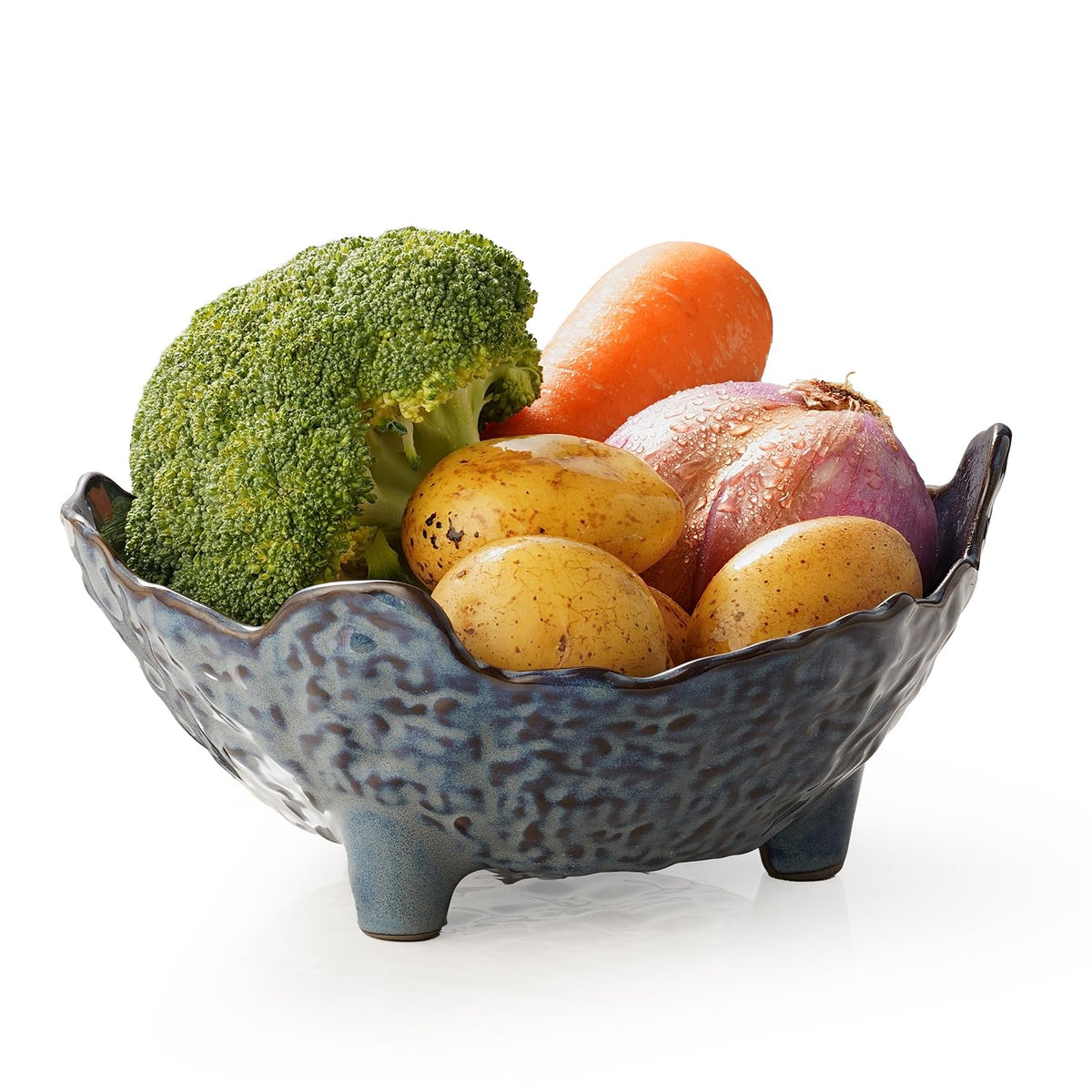 KOKUNKA fruit bowl oval blue glaze on counter, ideal display for fresh fruit