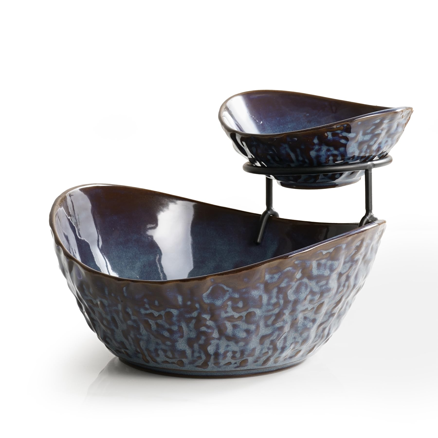 KOKUNKA two-tier ceramic fruit bowl with blue glaze and metal stand for elegant countertop display.