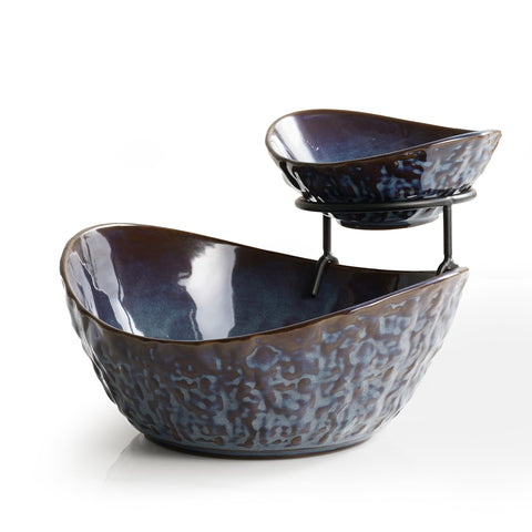 KOKUNKA two-tier ceramic fruit bowl with blue glaze and metal stand for elegant countertop display.
