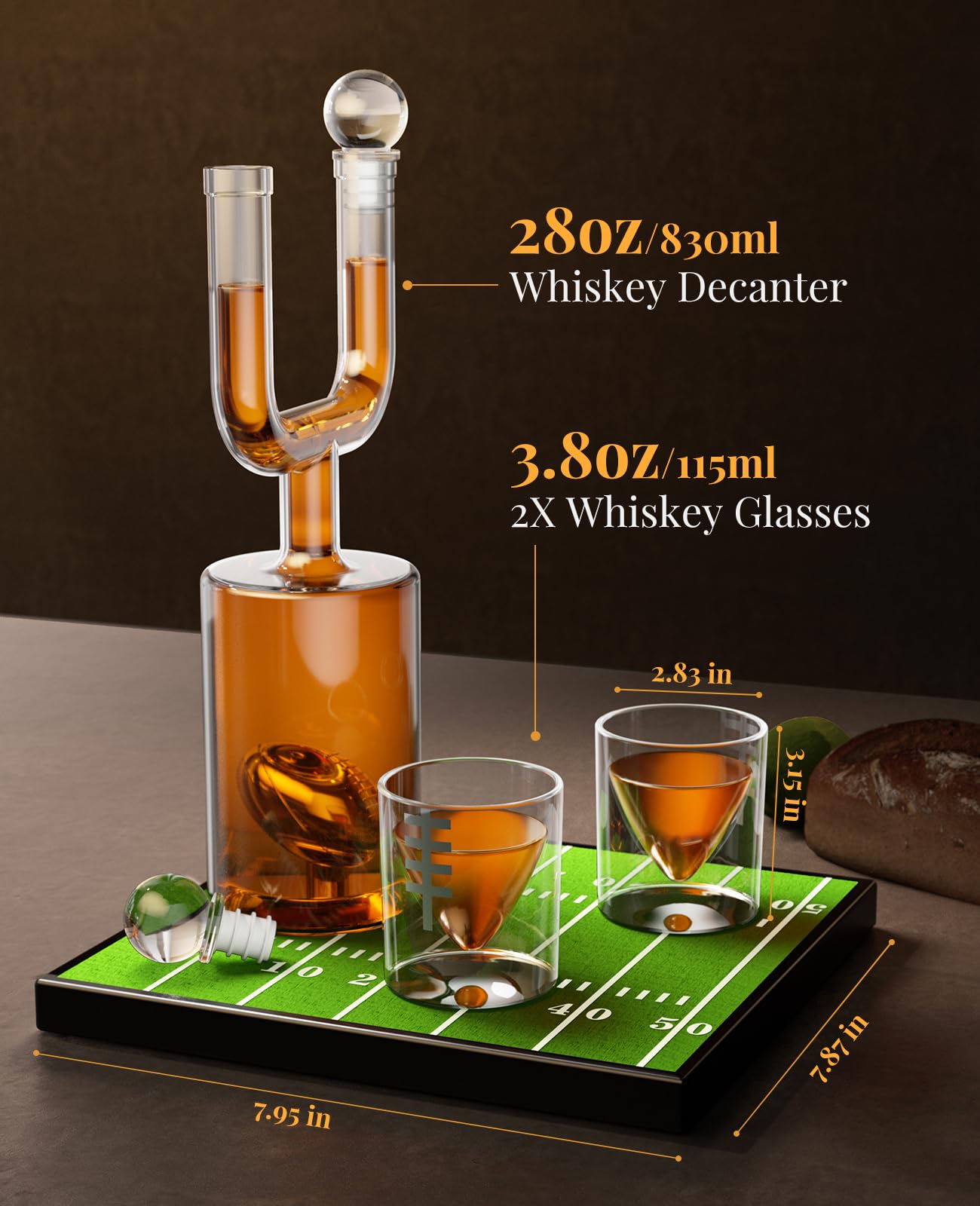 Kollea 28oz football decanter ready for celebrations with two glasses