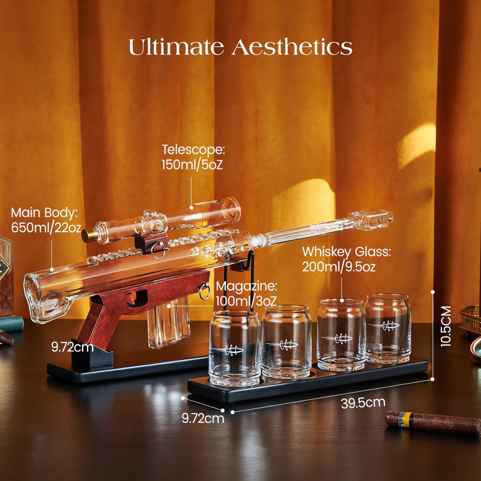 Kollea four‑pack bullet glasses shown with the decanter
