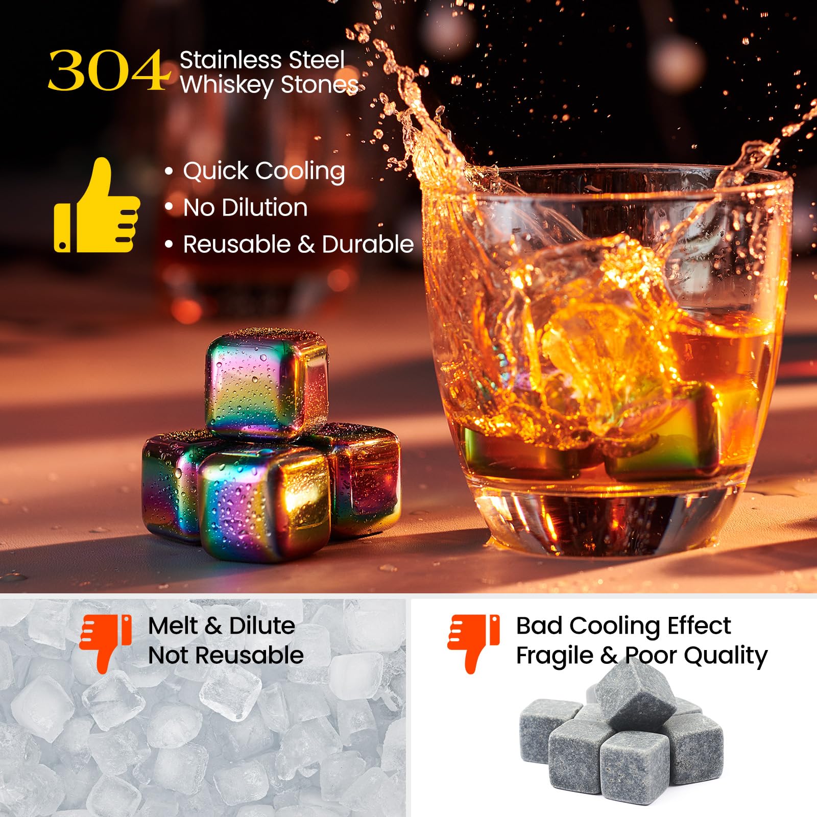Kollea colorful stainless steel cubes chilling cocktails quickly.