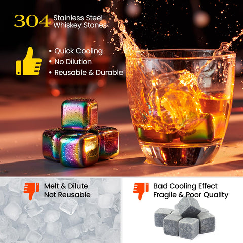 Kollea colorful stainless steel cubes chilling cocktails quickly.