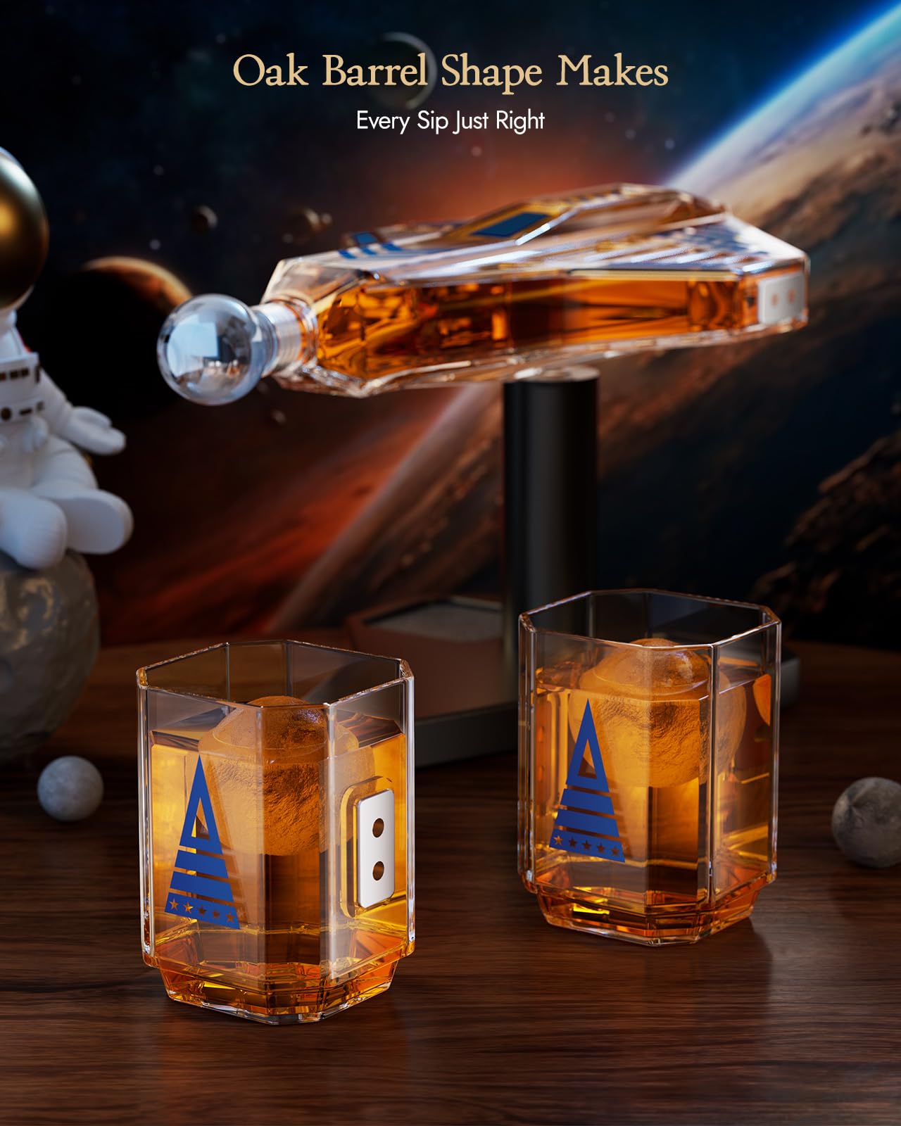 Kollea Galaxy Blue spaceship decanter and glasses arranged for easy serving and conversation.