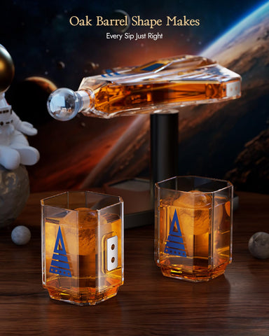Kollea Galaxy Blue spaceship decanter and glasses arranged for easy serving and conversation.