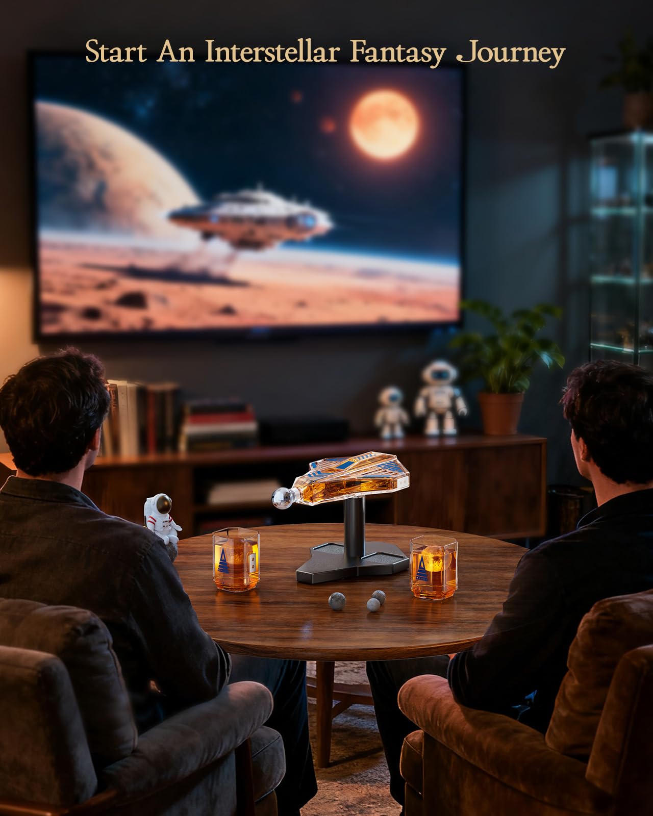 Kollea Galaxy Blue spaceship wooden base close-up shows warm craftsmanship and finish.