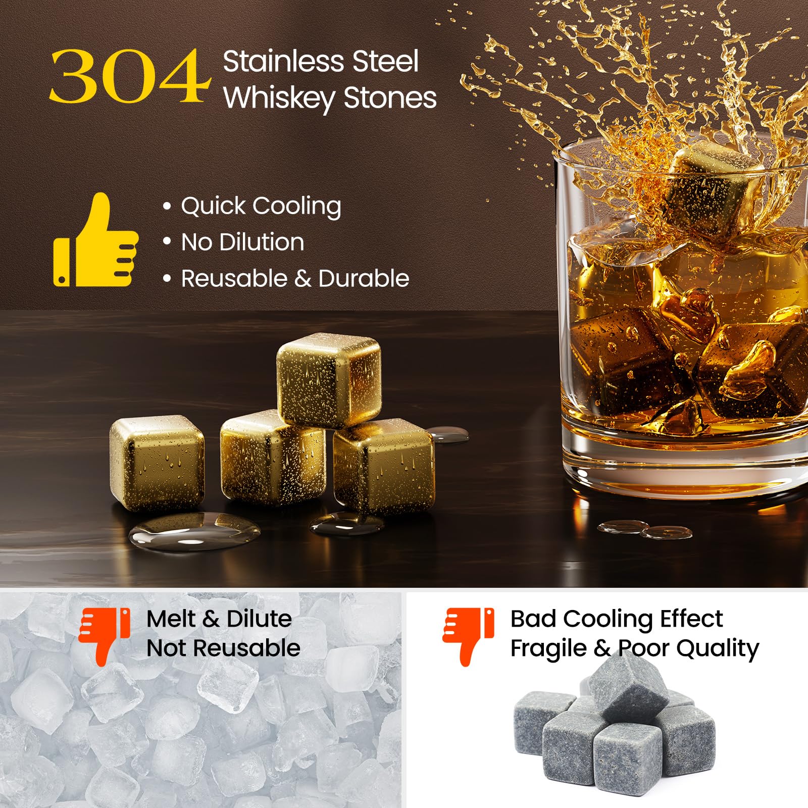 Kollea golden stainless steel cubes provide quick, steady cooling for drinks.