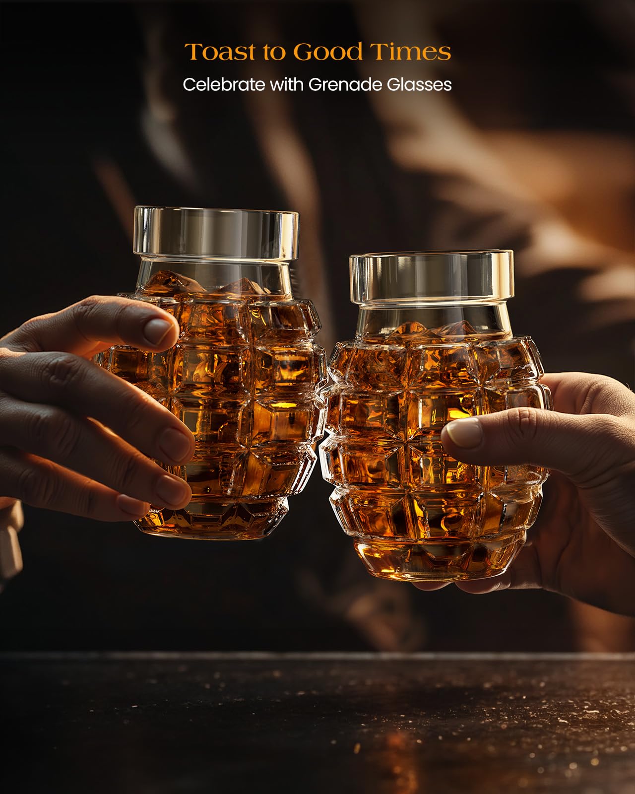 Kollea grenade glasses displayed in man cave setup for style