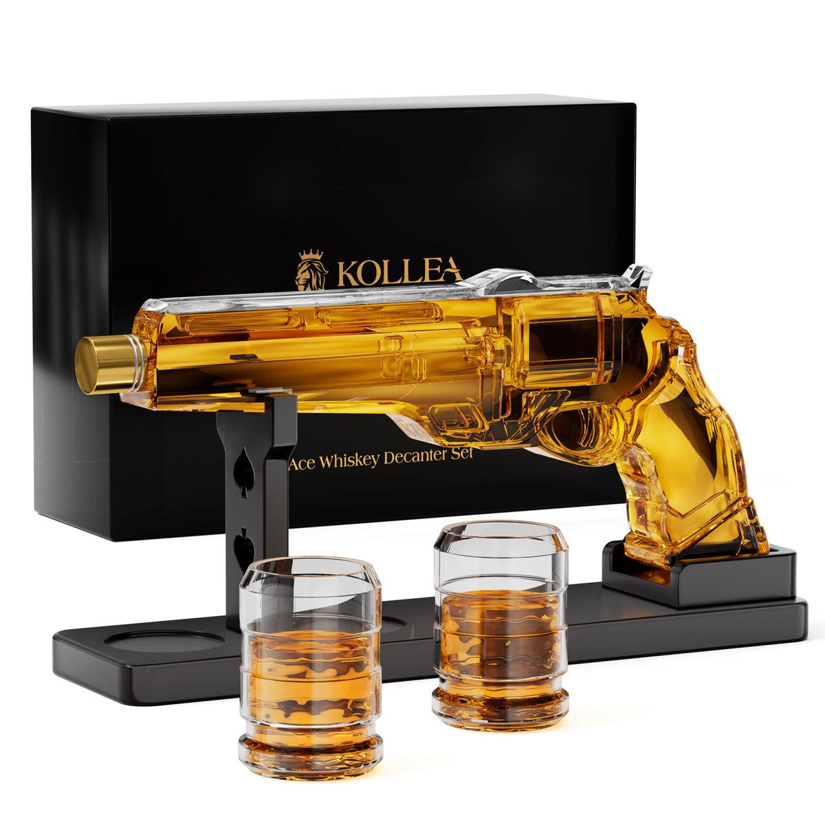 Kollea gun whiskey decanter set displayed as an elegant home bar centerpiece