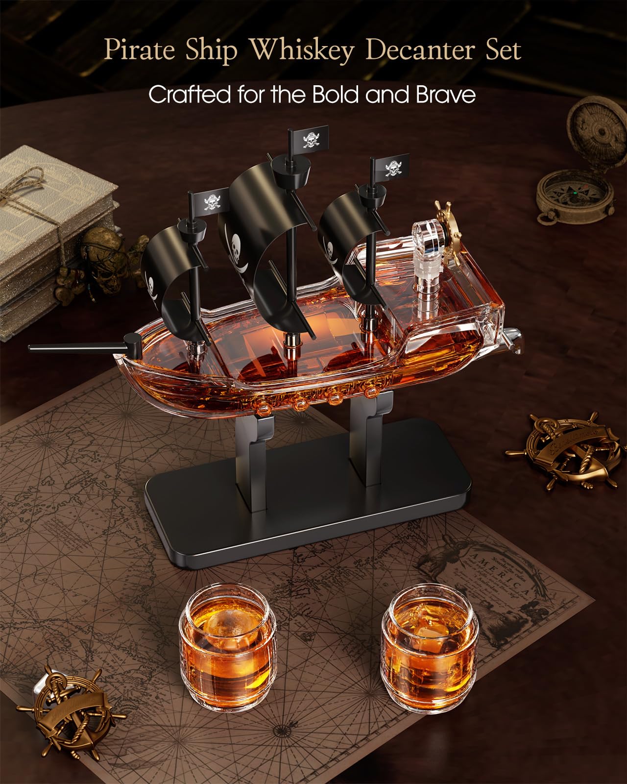 Kollea pirate ship decanter detail showing sails and insignia.