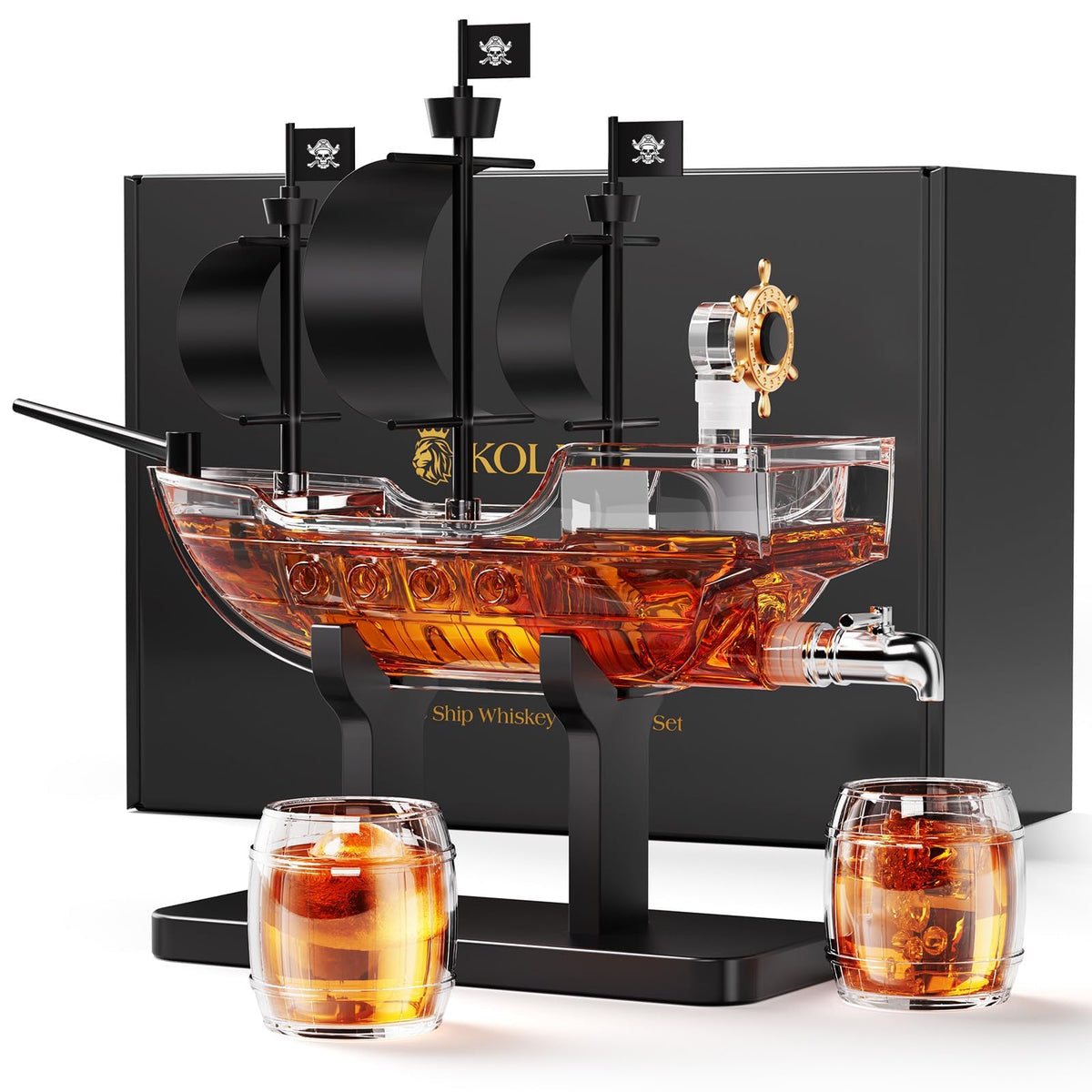Kollea pirate ship decanter with two glasses on a bar for entertaining guests.