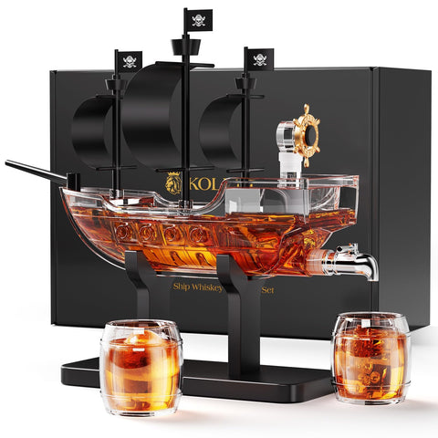 Kollea pirate ship decanter with two glasses on a bar for entertaining guests.